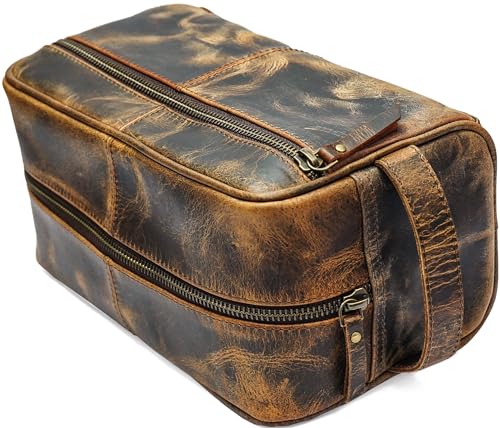 jaald Mens Genuine Brown Leather Toiletry Bag Shaving Bags And Grooming For Travel Groomsmen Gift Men Women Hanging Zippered Makeup Bathroom Cosmetic Pouch Case Make Up kit - Image 3