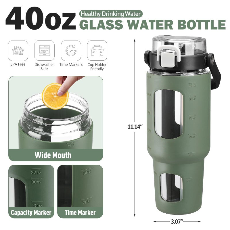 BLUEGO 40 oz Glass Water Bottles with Straw Time Marker  Glass Tumbler with Handle Top Lids  Easy to Clean  Fits in Car Cup Holder  Leakproof Jug for Gym  Sports  Workout & Daily  Olive - Image 1