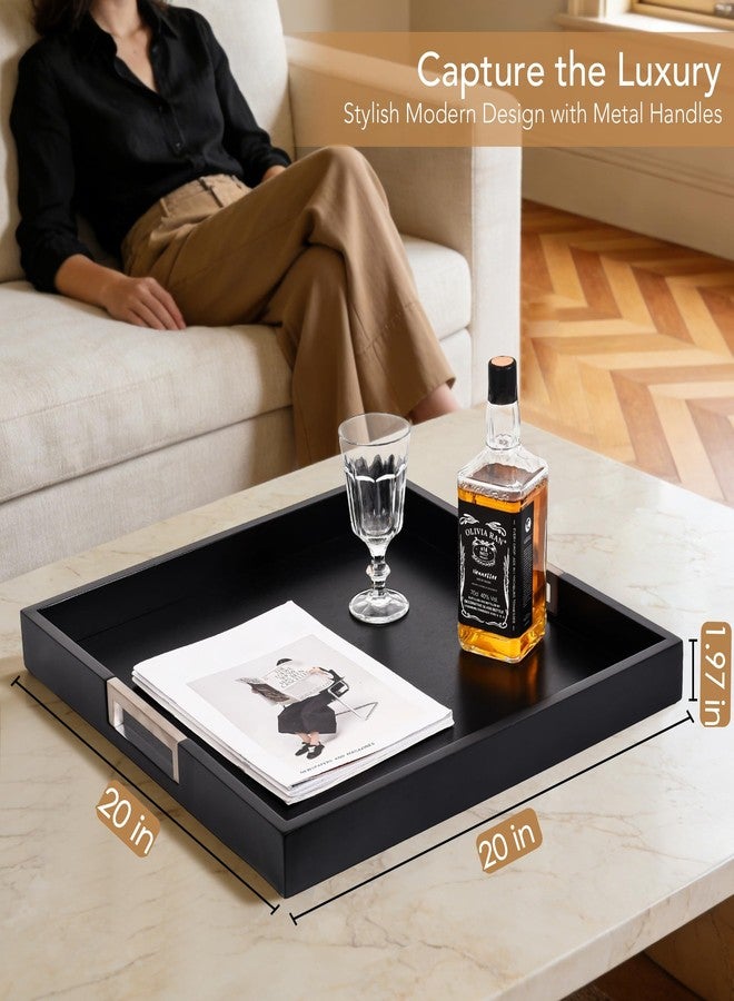 Joy&Grace Large Square Ottoman Tray for Living Room and Coffee Table Decorative Wood Serving Tray with Handles for Breakfast in Bed, Dinner Food TV (Black, 20" x 20" x 2") - Image 2