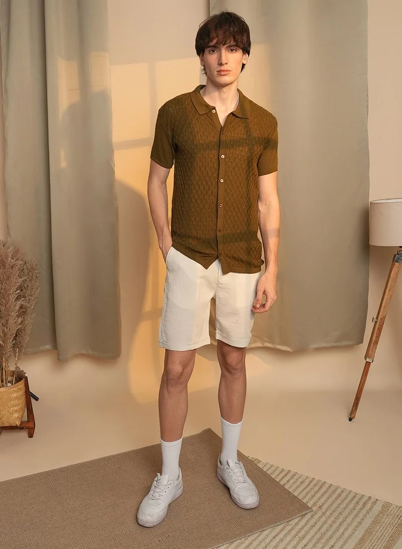 Campus Sutra Campus Sutra Men's Mocha Brown Harlequin-Textured Knit Shirt For Casual Wear | Polo Neck | Short Sleeve | Button Closure | Shirt Crafted With Comfort Fit For Everyday Wear