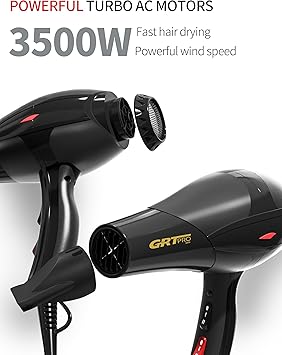 GRT PRO Professional Hair Dryer 3500W Ionic Hairdryer AC Motor Blue Light Anion with 1 Diffuser 2 Nozzles Accessories Overheating Protection 2 Speeds 3 Heat Settings for Women Men Home Salon - Image 2