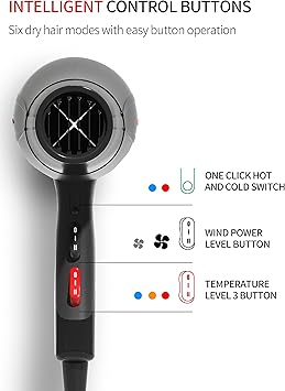 GRT PRO Professional Hair Dryer 3500W Ionic Hairdryer AC Motor Blue Light Anion with 1 Diffuser 2 Nozzles Accessories Overheating Protection 2 Speeds 3 Heat Settings for Women Men Home Salon - Image 5