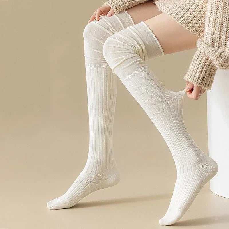 5Pairs Thin Over Knee High Socks for Women Solid Color Ribbed Knit Long Stockings Casual Streetwear Daily Fashion - Image 4