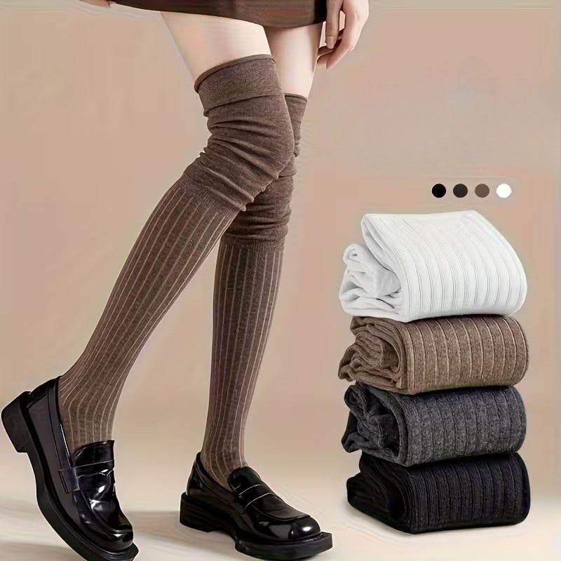 5Pairs Thin Over Knee High Socks for Women Solid Color Ribbed Knit Long Stockings Casual Streetwear Daily Fashion - Image 1