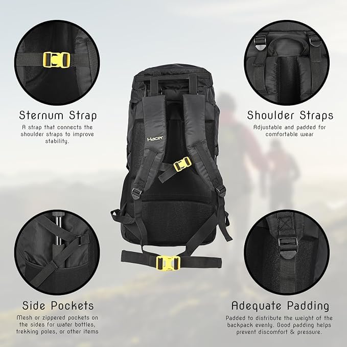 HACER Backpack Unisex Travel Daypack Large Capacity Rucksack for Camping Trekking Hiking Travelling Luggage Tourist - (Black, 55L) - Image 5
