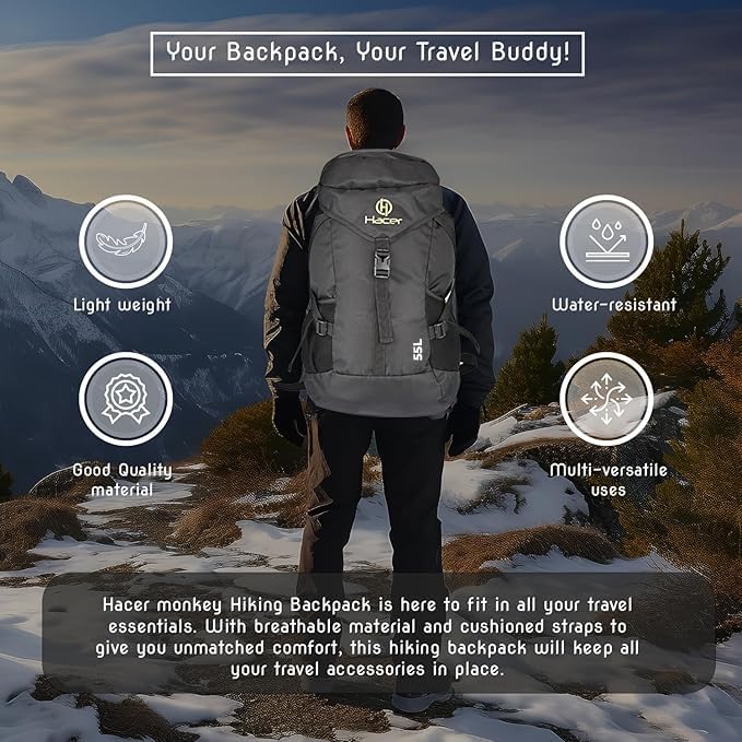 HACER Backpack Unisex Travel Daypack Large Capacity Rucksack for Camping Trekking Hiking Travelling Luggage Tourist - (Black, 55L) - Image 4