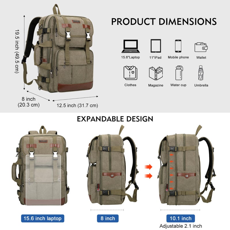 WITZMAN Canvas Travel Backpack for Men Large Laptop Backpack Fit 16 inch Carry-on Airline Approved Convertible Shoulder Rucksack(A6617-3 Army Green) - Image 3
