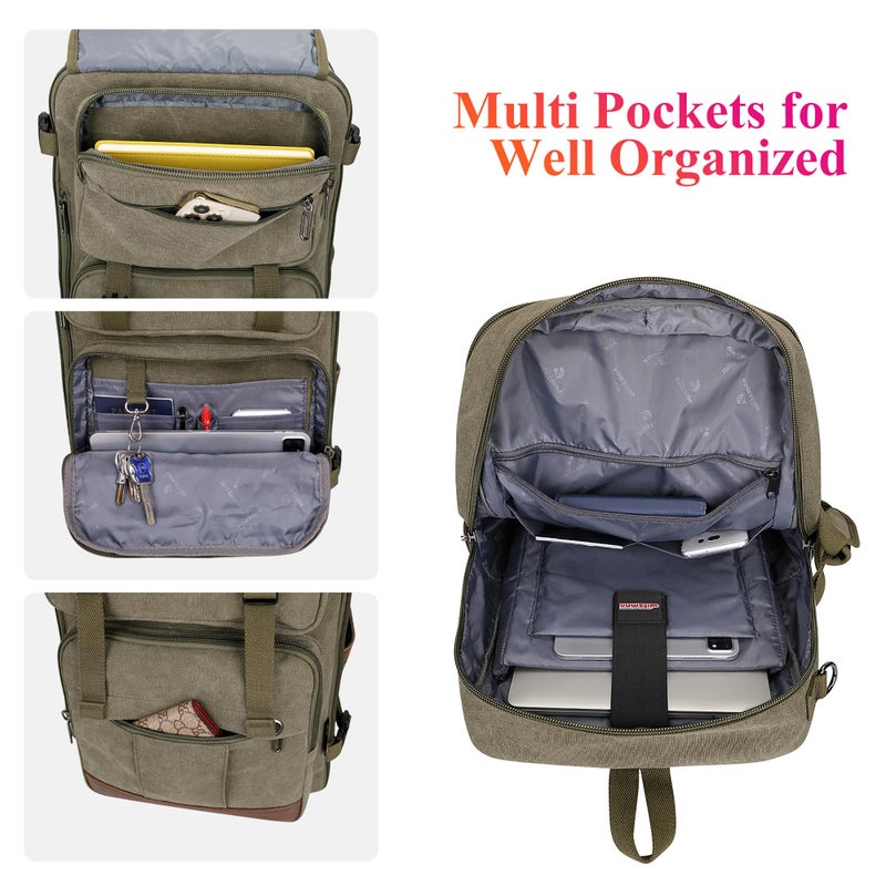 WITZMAN Canvas Travel Backpack for Men Large Laptop Backpack Fit 16 inch Carry-on Airline Approved Convertible Shoulder Rucksack(A6617-3 Army Green) - Image 4