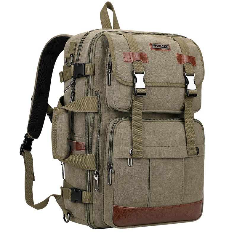 WITZMAN Canvas Travel Backpack for Men Large Laptop Backpack Fit 16 inch Carry-on Airline Approved Convertible Shoulder Rucksack(A6617-3 Army Green) - Image 1
