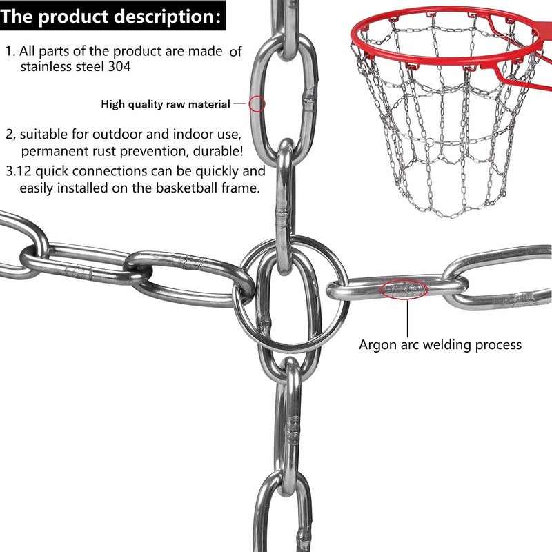 Dakzhou Basketball net, 304 Stainless Steel Chain Braided, Permanent Rust Proof (12 Links), Quick Installation. - Image 4