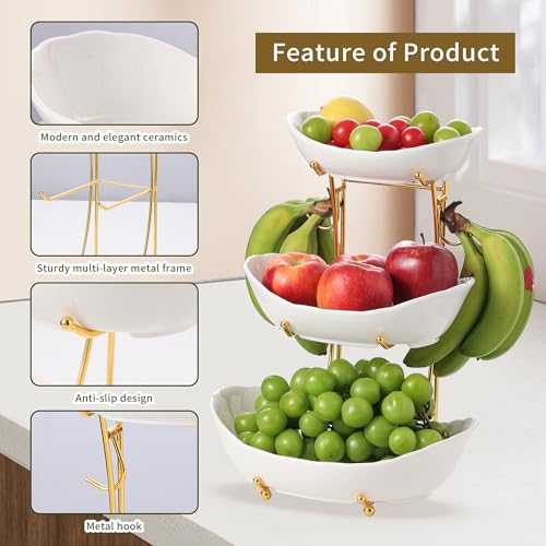 Leijosya Elegant 3-Tier Ceramic Serving Bowl Set with Gold Stand, White Decorative Display Bowls for Fruits, Desserts, Appetizers - Image 5