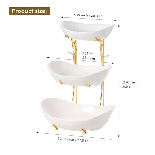 Leijosya Elegant 3-Tier Ceramic Serving Bowl Set with Gold Stand, White Decorative Display Bowls for Fruits, Desserts, Appetizers - Image 2