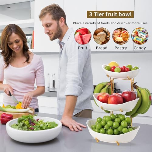 Leijosya Elegant 3-Tier Ceramic Serving Bowl Set with Gold Stand, White Decorative Display Bowls for Fruits, Desserts, Appetizers - Image 4