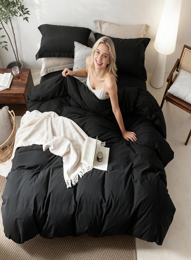 BDEAR Linen Feel Black Duvet Cover King Size 104'' W x 90'' L, Percale 100% Washed Cotton Duvet Cover with Zipper Closure Plus 2 Pillowcases, Oeko TEX Standard 100 Certificated, Linen Feel and Cozy - Image 3