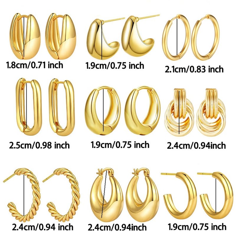 TianBo 9 Pairs Gold Hoop Earrings for Women Lightweight Chunky Hoop Earrings 14K 18K Gold Plated Multipack Hypoallergenic, Thick Open Twisted Huggie Hoops Earring Set Jewelry for Gifts (9 Pairs Gold plated) - Image 2