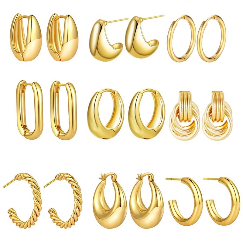 TianBo 9 Pairs Gold Hoop Earrings for Women Lightweight Chunky Hoop Earrings 14K 18K Gold Plated Multipack Hypoallergenic, Thick Open Twisted Huggie Hoops Earring Set Jewelry for Gifts (9 Pairs Gold plated) - Image 1