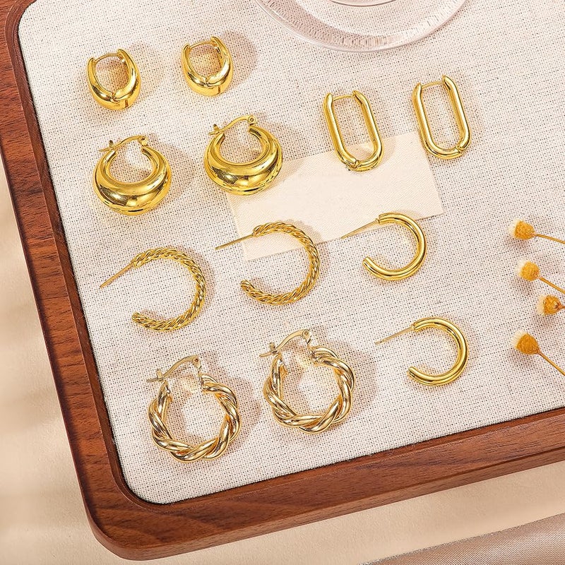 TianBo 9 Pairs Gold Hoop Earrings for Women Lightweight Chunky Hoop Earrings 14K 18K Gold Plated Multipack Hypoallergenic, Thick Open Twisted Huggie Hoops Earring Set Jewelry for Gifts (9 Pairs Gold plated) - Image 3