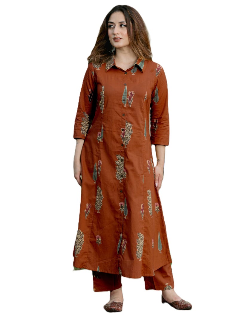 Arayna Women’s Pure Cotton Printed A-Line Kurta Set with Pants | Button-Down Collar Kurta, Rust Brown, Medium - Image 1