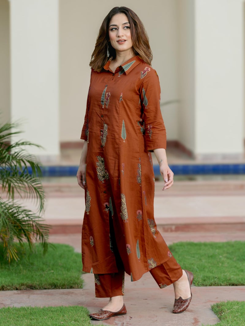 Arayna Women’s Pure Cotton Printed A-Line Kurta Set with Pants | Button-Down Collar Kurta, Rust Brown, Medium - Image 2