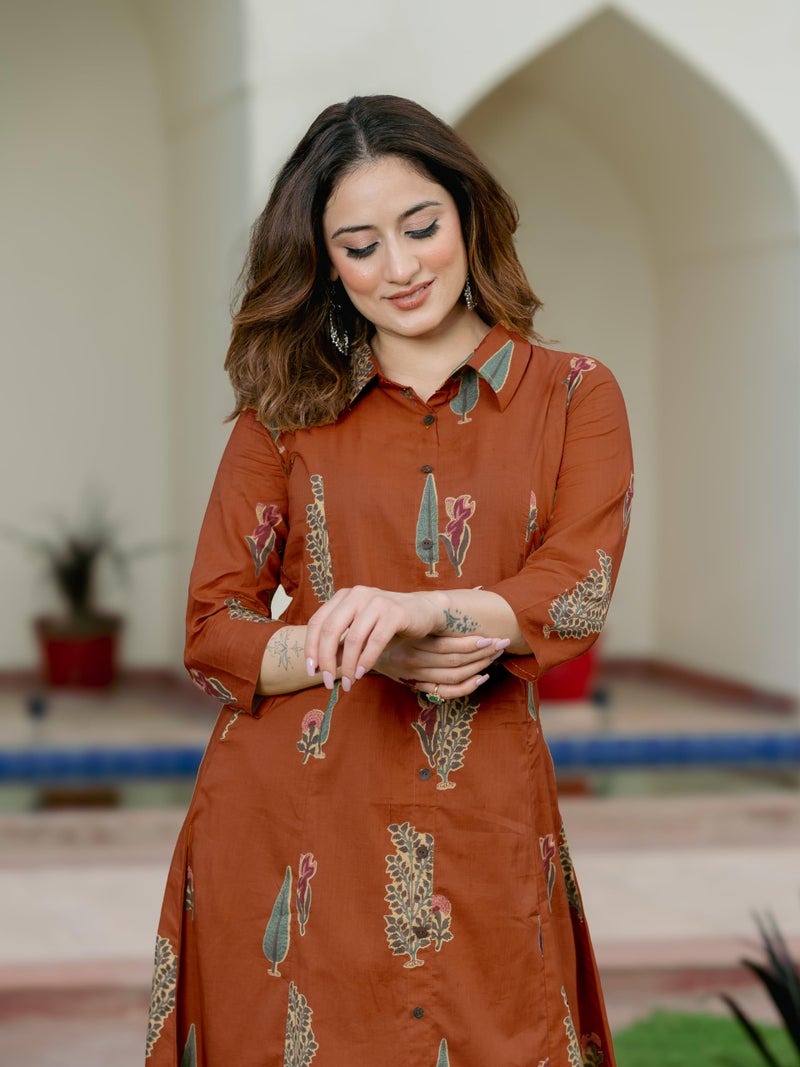 Arayna Women’s Pure Cotton Printed A-Line Kurta Set with Pants | Button-Down Collar Kurta, Rust Brown, Medium - Image 5