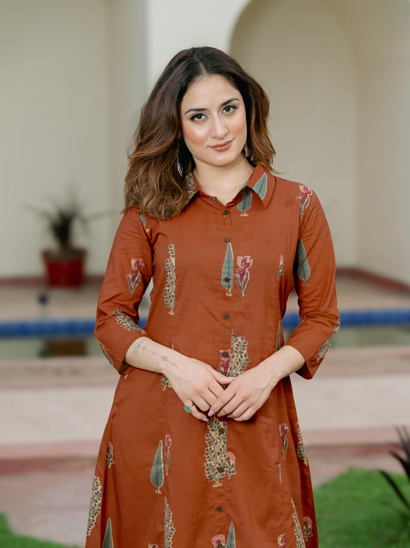 Arayna Women’s Pure Cotton Printed A-Line Kurta Set with Pants | Button-Down Collar Kurta, Rust Brown, Medium - Image 4