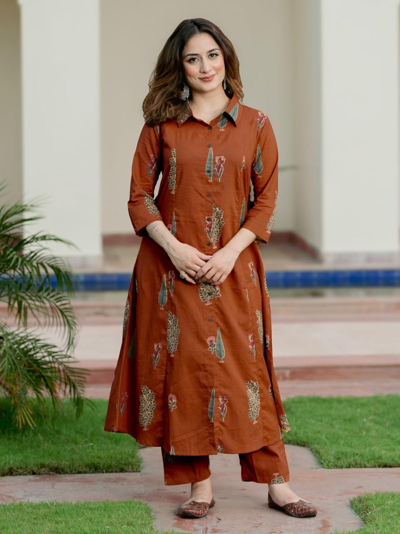 Arayna Women’s Pure Cotton Printed A-Line Kurta Set with Pants | Button-Down Collar Kurta, Rust Brown, Medium - Image 3