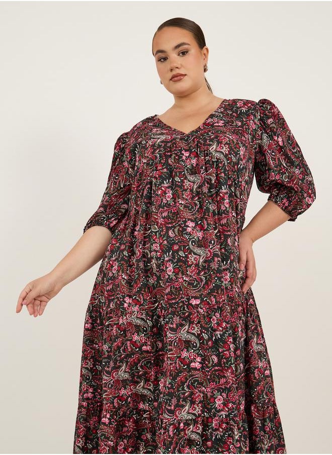 Styli Plus Size Floral Print V-Neck Midi Dress  - Image 3
