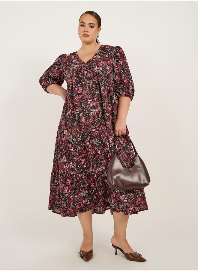 Styli Plus Size Floral Print V-Neck Midi Dress  - Image 1