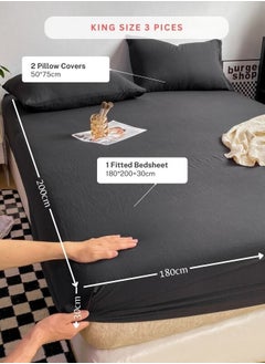LUNA Home 3-Piece Set: king-size fitted bedsheet and two pillowcases, washable cotton in a black color.  - Image 2