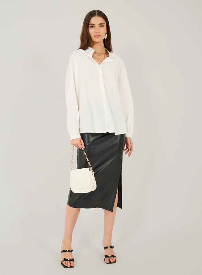 ستايلي قميص بأكمام طويلة بقصة فضفاضة بلون سادة - Image 2