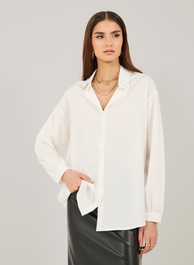ستايلي قميص بأكمام طويلة بقصة فضفاضة بلون سادة - Image 1