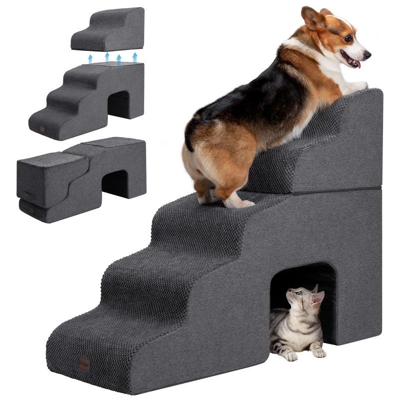 Garnpet Dog Stairs for High Beds with Tunnel, 5-Step Dog Steps for Small Dogs and Cats, Foldable Pet Stairs for High Bed Climbing, Non-Slip Balanced Pet Step Indoor, Dark Grey - Image 1