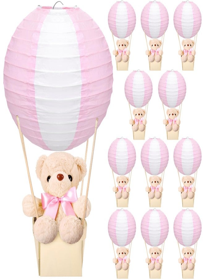 Baquler 12 Sets Baby Shower Hot Air Balloon Table Centerpieces DIY Paper Lanterns Stuffed Plush Bear Wooden Baskets for Wedding Birthday Gender Reveal (Pink) - Image 1