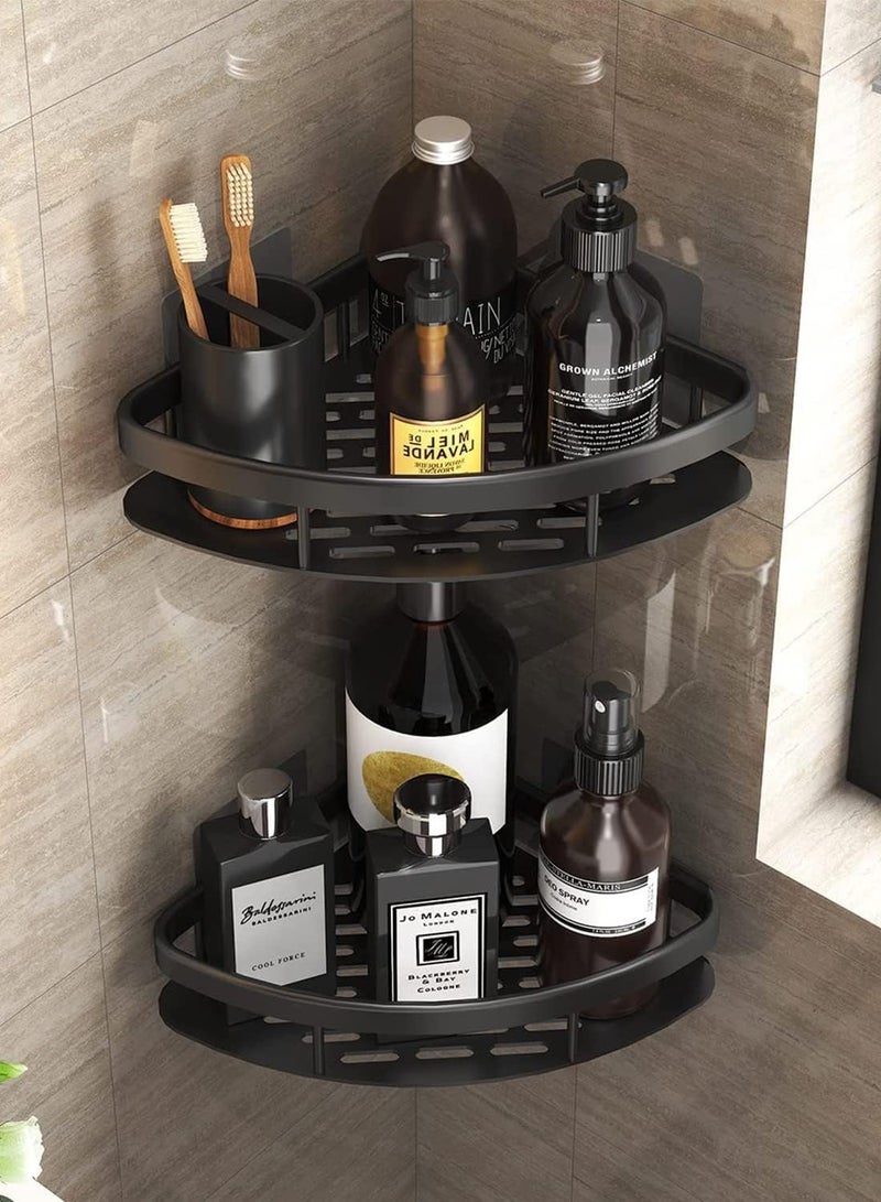 رف زاوية للحمام من الألمنيوم – مقاوم للصدأ وبدون حفر – منظم جداري مع لاصق – بتشطيب أسود أنيق، للحمام والمطبخ والإكسسوارات (قطعتين، أسود) - Image 1