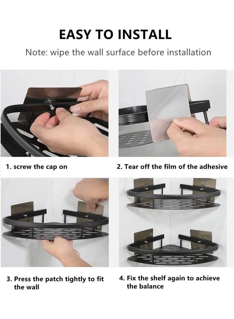 رف زاوية للحمام من الألمنيوم – مقاوم للصدأ وبدون حفر – منظم جداري مع لاصق – بتشطيب أسود أنيق، للحمام والمطبخ والإكسسوارات (قطعتين، أسود) - Image 4