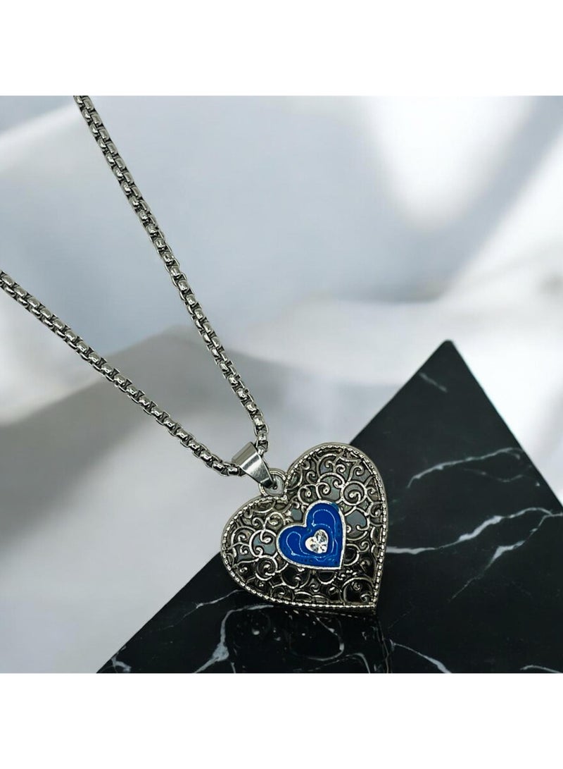 MARIO DRAFTS Filigree Heart Pendant Necklace with Blue Enamel and Crystal, Stainless Steel Chain - Image 1
