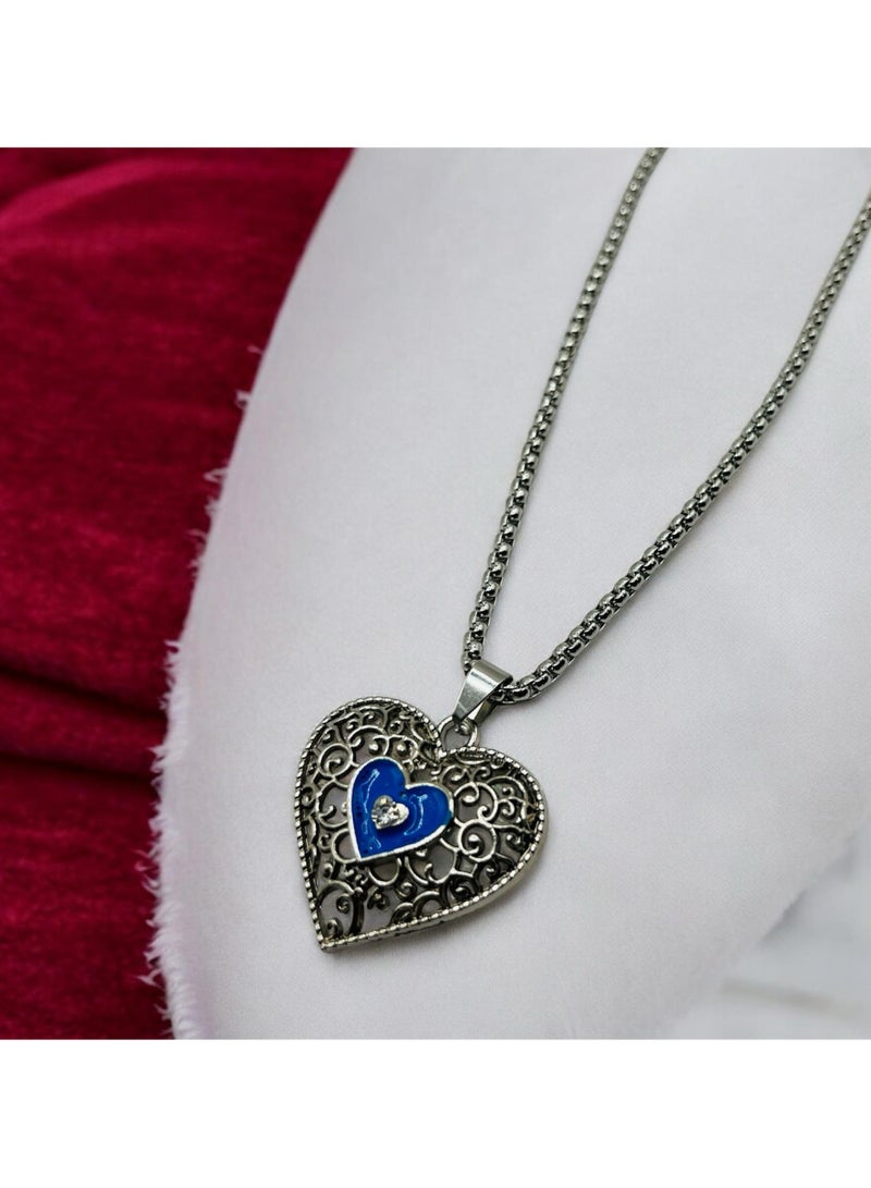 MARIO DRAFTS Filigree Heart Pendant Necklace with Blue Enamel and Crystal, Stainless Steel Chain - Image 3