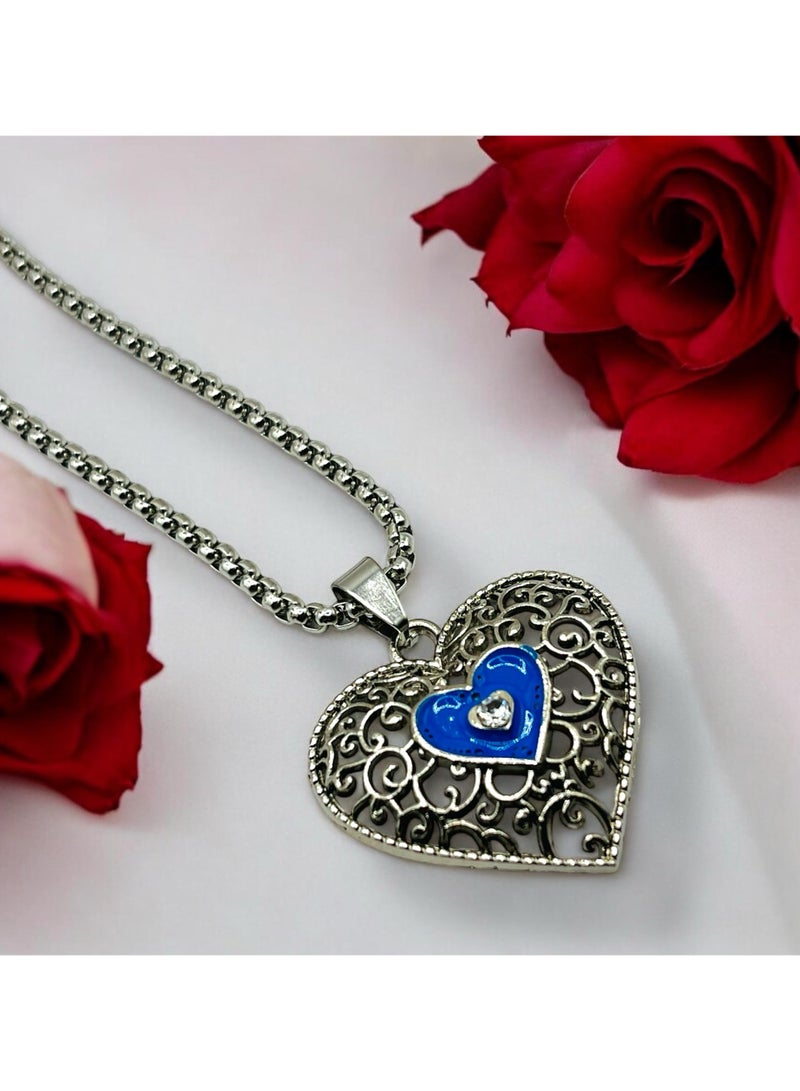 MARIO DRAFTS Filigree Heart Pendant Necklace with Blue Enamel and Crystal, Stainless Steel Chain - Image 4