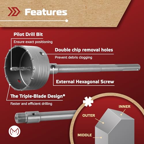 MonoPro 17PCS Concrete Hole Saw Kit with 2 Drill Bits, SDS Plus & Max Shank, Masonry Hole Saw Kit Size 30-110MM, Brick, Cement, Block, Concrete Drilling - Image 3