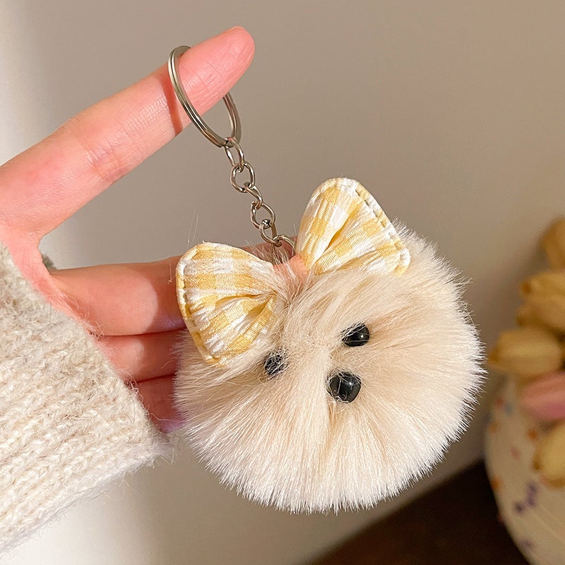 Cartoon plush pom-pom bag charm, keychain, jewelry accessory, plush toy pendant (yellow bow and white pom-pom)