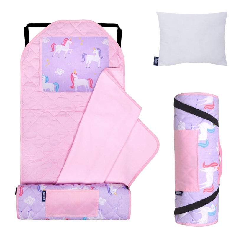 Wildkin Modern Kids Nap Mat  Soft Cotton Blend with Pillow  Elastic Straps for School  Travel  Unicorn - Image 1