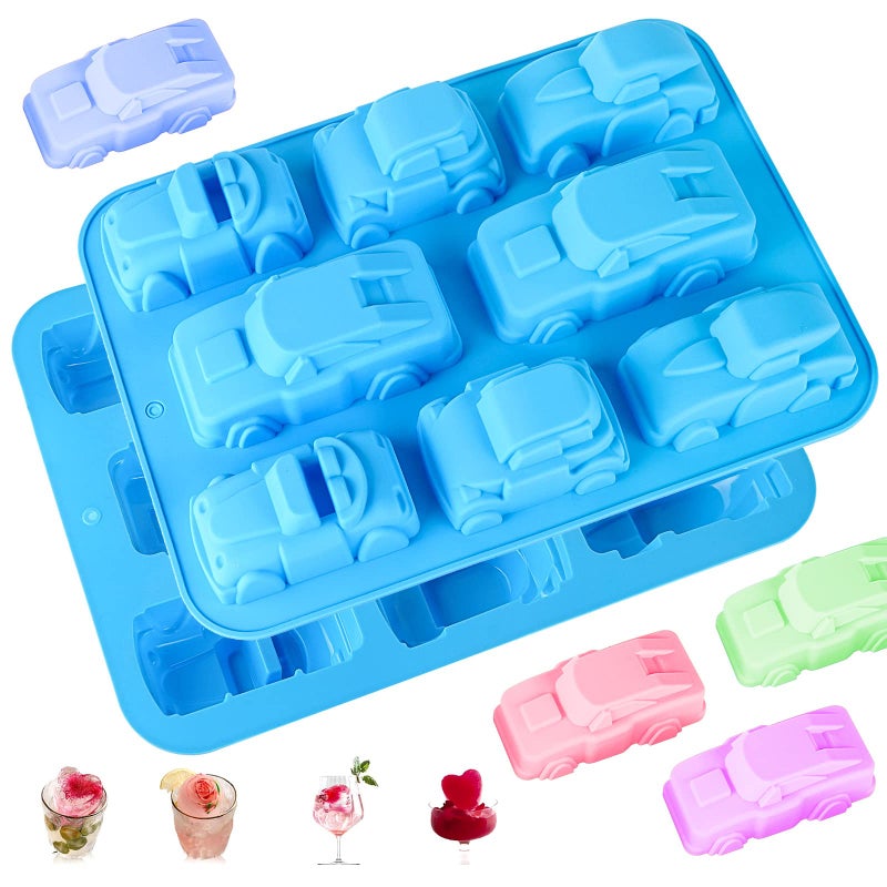 Joyeee Silicone Sports Car Soap Mold 1Pcs 8 Cavity Train Bus Cars Pure Silicone Mold Tray Kids Birthday Cake Pan Tray for Jelly Pudding Fondant Hard Candy Fat Bombs Resin Making Kids Favor 325 CM