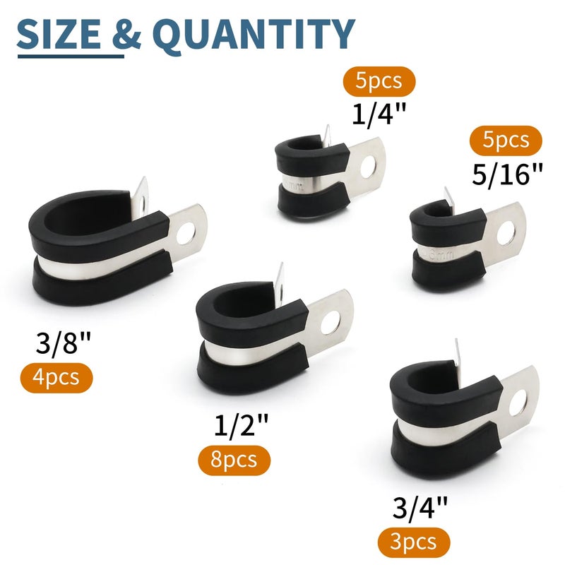 ZIPCCI Cable Clamps Assortment Kit, 25 Pack Stainless Steel Rubber Cushion Pipe Clips (1/4'' 5/16'' 3/8'' 1/2'' 5/8'' 3/4'' inch) - Image 2