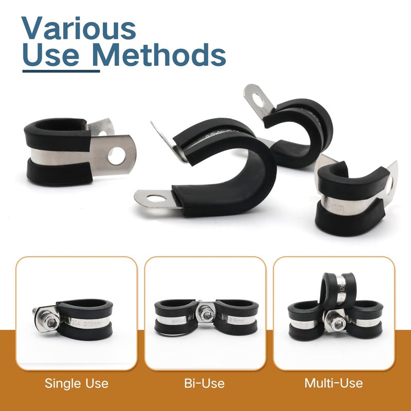 ZIPCCI Cable Clamps Assortment Kit, 25 Pack Stainless Steel Rubber Cushion Pipe Clips (1/4'' 5/16'' 3/8'' 1/2'' 5/8'' 3/4'' inch) - Image 5