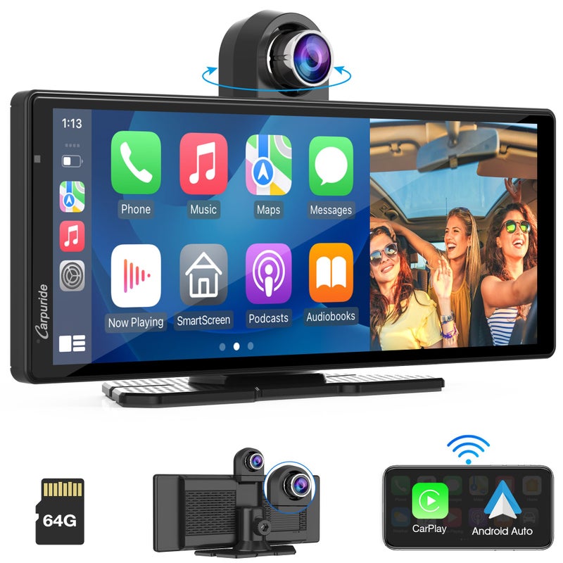 Carpuride 4K W903 Portable Wireless Carplay & Android Auto with Dash Cam - 9.3" HD IPS Screen, 4K Front Camera, Loop Recording, Bluetooth, Mirror Link, GPS, Siri, Dashboard Mounted - Image 1
