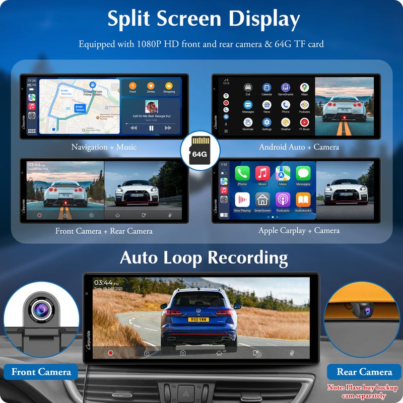 Carpuride 4K W903 Portable Wireless Carplay & Android Auto with Dash Cam - 9.3" HD IPS Screen, 4K Front Camera, Loop Recording, Bluetooth, Mirror Link, GPS, Siri, Dashboard Mounted - Image 4