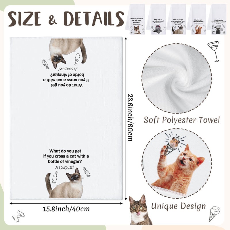 R HORSE 5Pcs Cats Kitchen Towels Set - Funny Cat Pun Jokes Absorbent Quick Dry Cloth Dish Tea Towels Reusable Bar Hand Dishcloths Decor for Cat Lovers Bathroom Kitchen Home Supplies Housewarming Gifts - Image 2