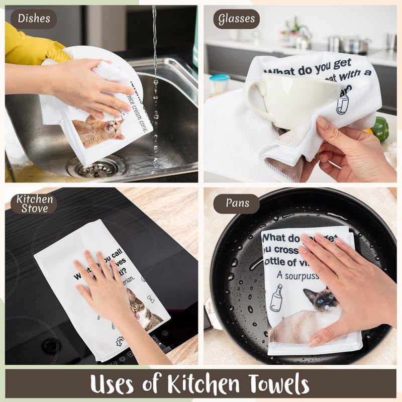 R HORSE 5Pcs Cats Kitchen Towels Set - Funny Cat Pun Jokes Absorbent Quick Dry Cloth Dish Tea Towels Reusable Bar Hand Dishcloths Decor for Cat Lovers Bathroom Kitchen Home Supplies Housewarming Gifts - Image 5
