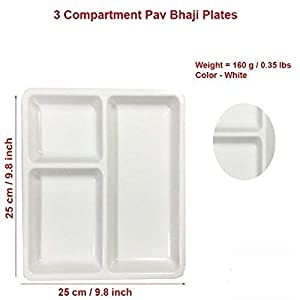 Coolkart FoodGrade Polycarbonate 3 in 1 Compartments Pav Bhaji Plate Dinner Plates Serving Plates Pack of 12 White - Image 3