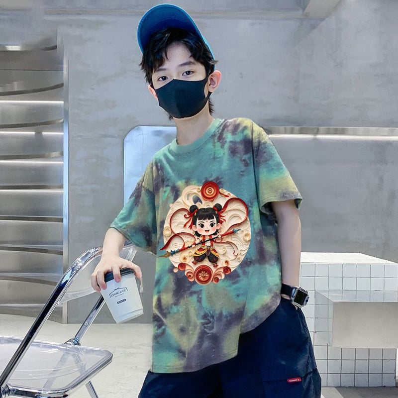 Children'S Tie-Dyed T-Shirt Top Boy'S Pure Cotton Summer T-Shirt Short-Sleeved Loose Summer Printed Casual All-Match Round Neck - Image 1